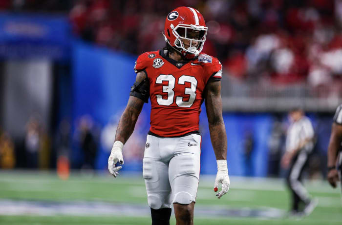 Georgia outside linebacker Robert Beal Jr. during the 2022 Chick-fil-A Peach Bowl in Atlanta, Ga., on Saturday, Dec. 31, 2022. (Photo by Tony Walsh)